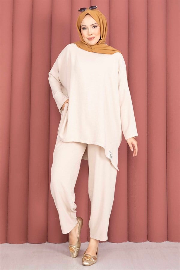 Emblem Detailed Casual Summer 2 Piece Set in Beige