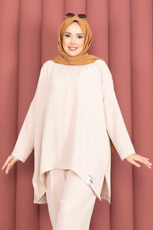 Emblem Detailed Casual Summer 2 Piece Set in Beige