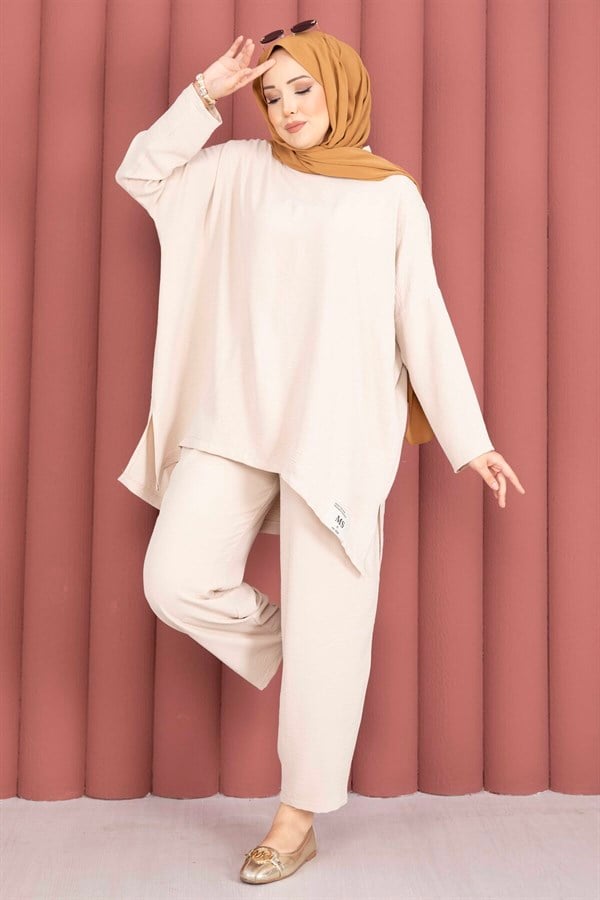 Emblem Detailed Casual Summer 2 Piece Set in Beige
