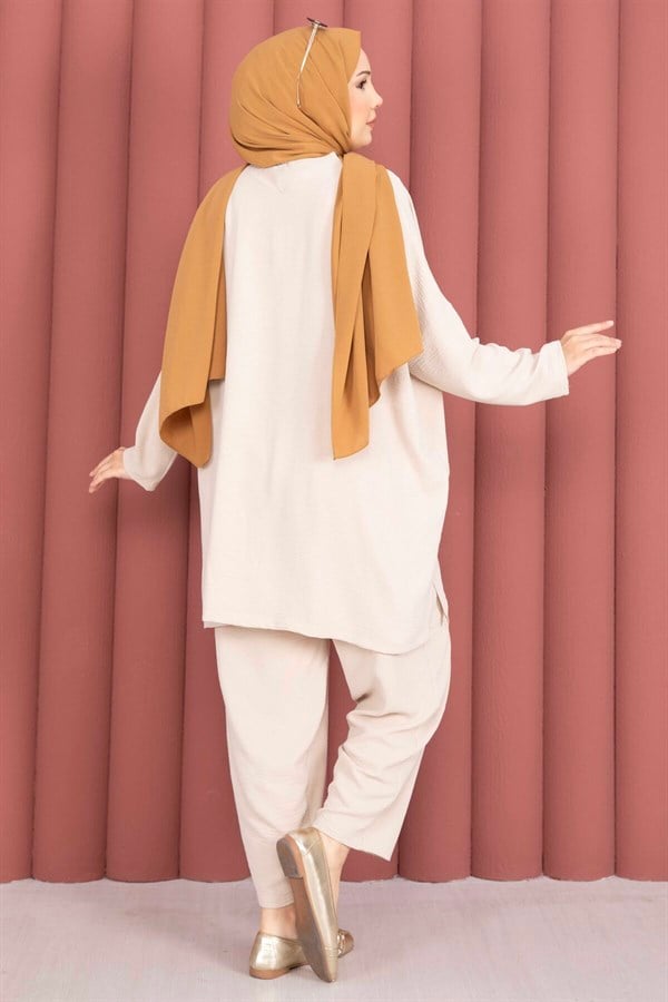 Emblem Detailed Casual Summer 2 Piece Set in Beige