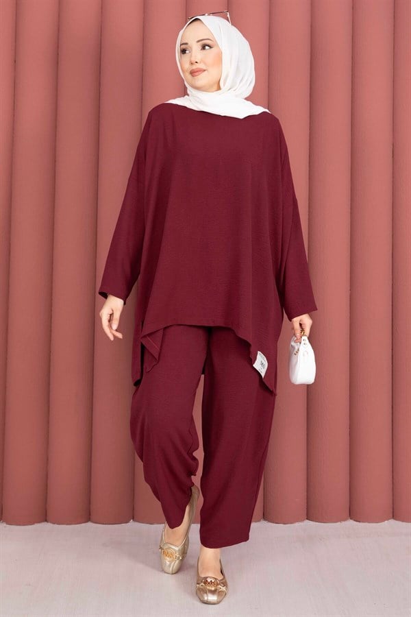 Emblem Detailed Casual Summer 2 Piece Set Burgundy