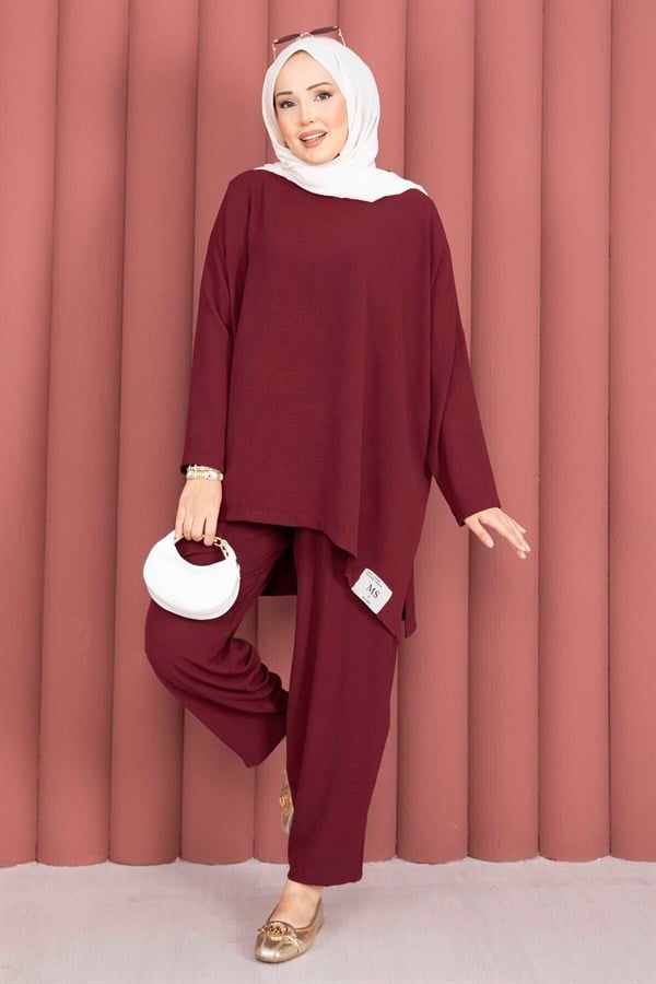 Emblem Detailed Casual Summer 2 Piece Set Burgundy