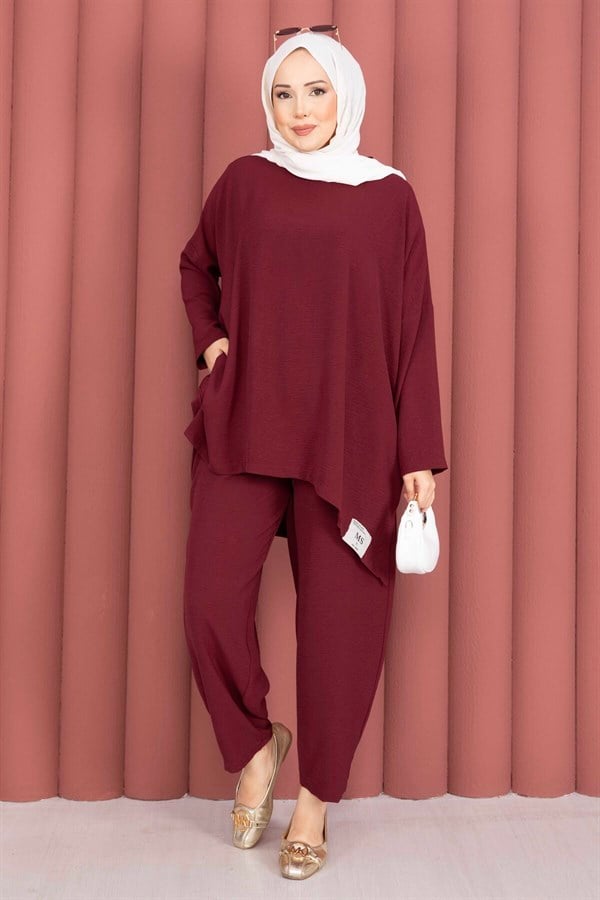 Emblem Detailed Casual Summer 2 Piece Set Burgundy