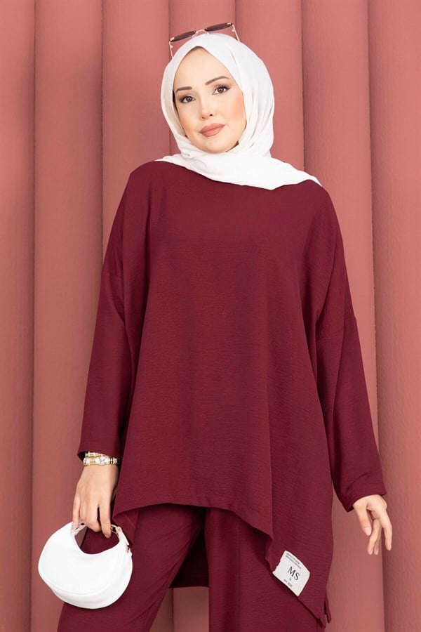 Emblem Detailed Casual Summer 2 Piece Set Burgundy