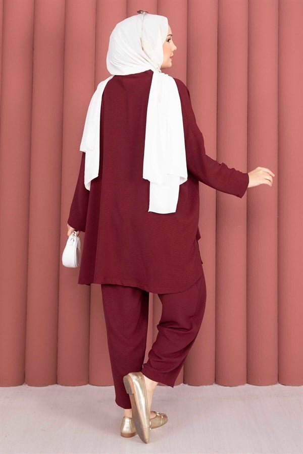 Emblem Detailed Casual Summer 2 Piece Set Burgundy