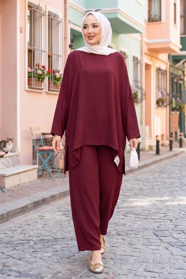 Emblem Detailed Casual Summer 2 Piece Set Burgundy