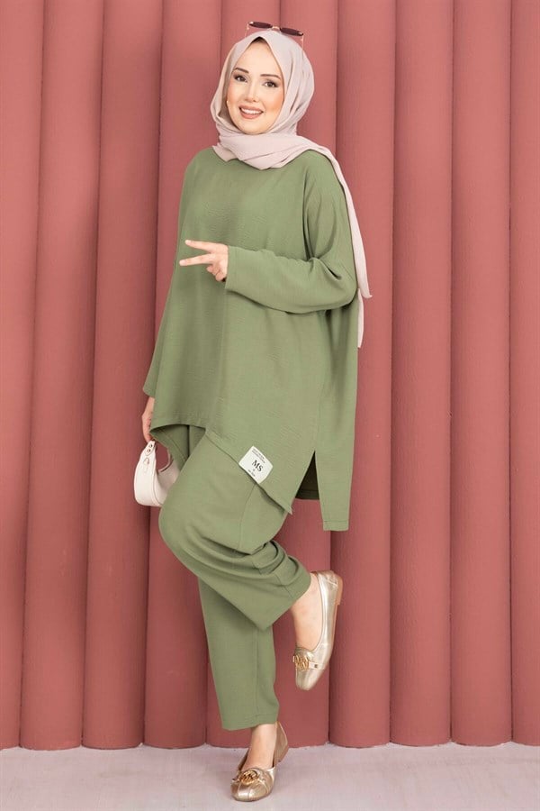 Emblem Detailed Casual Summer 2 Piece Set Khaki