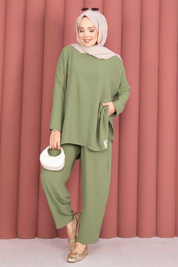 Emblem Detailed Casual Summer 2 Piece Set Khaki