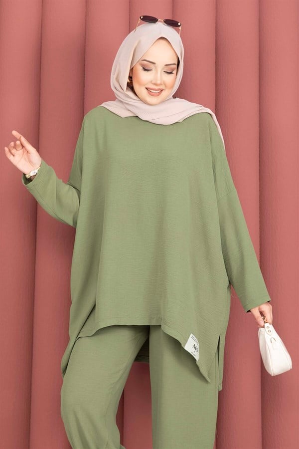 Emblem Detailed Casual Summer 2 Piece Set Khaki