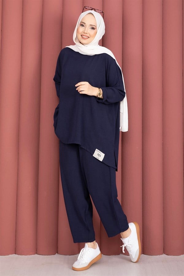 Navy Blue Casual Summer 2 Piece Set with Emblem Detail