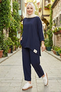 Navy Blue Casual Summer 2 Piece Set with Emblem Detail