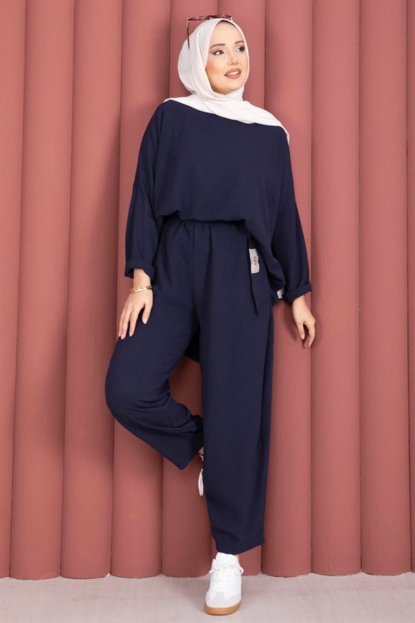 Navy Blue Casual Summer 2 Piece Set with Emblem Detail