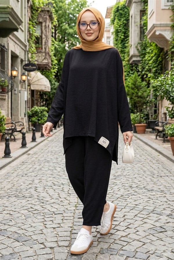 Emblem Detailed Casual Summer 2 Piece Set Black