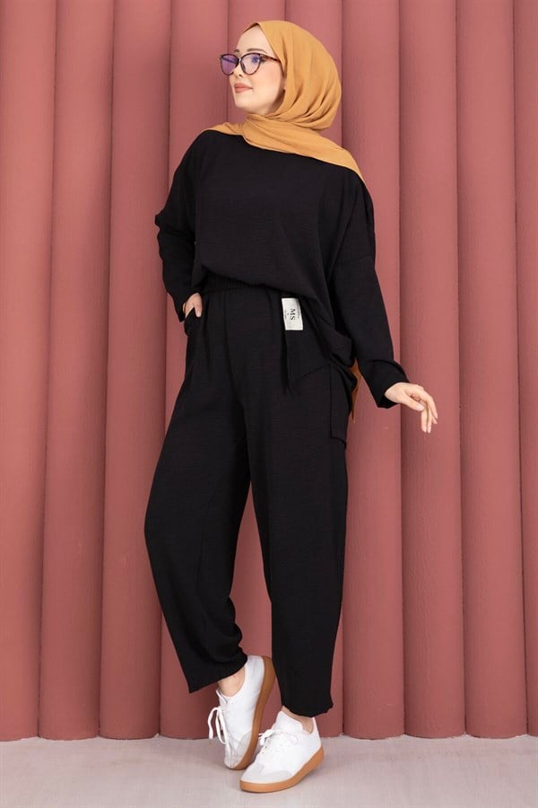 Emblem Detailed Casual Summer 2 Piece Set Black
