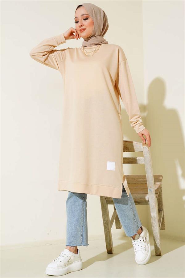 Long Tunic with Emblem Detail, Beige