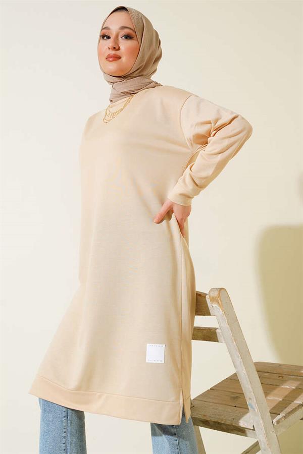 Long Tunic with Emblem Detail, Beige