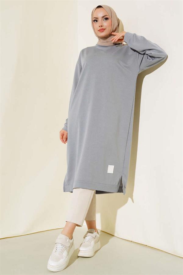 Long Tunic with Emblem Detail Gray