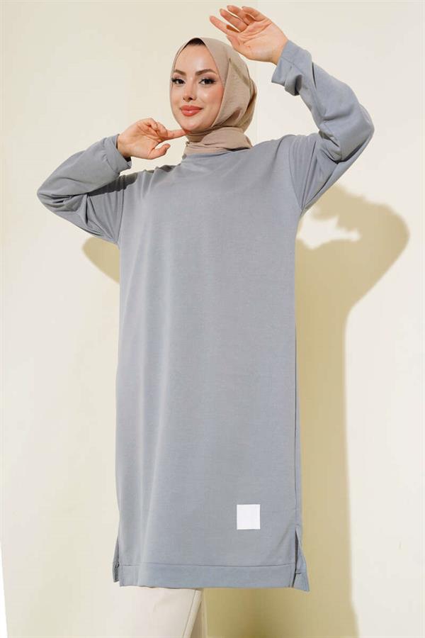 Long Tunic with Emblem Detail Gray