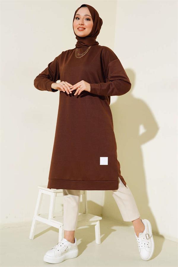 Long Tunic with Emblem Detail, Brown