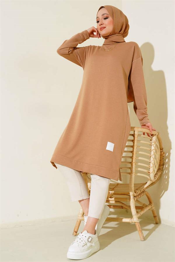 Long Tunic Latte with Emblem Detail