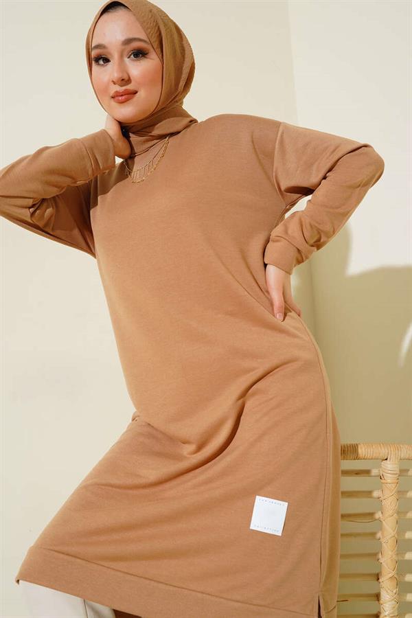Long Tunic Latte with Emblem Detail