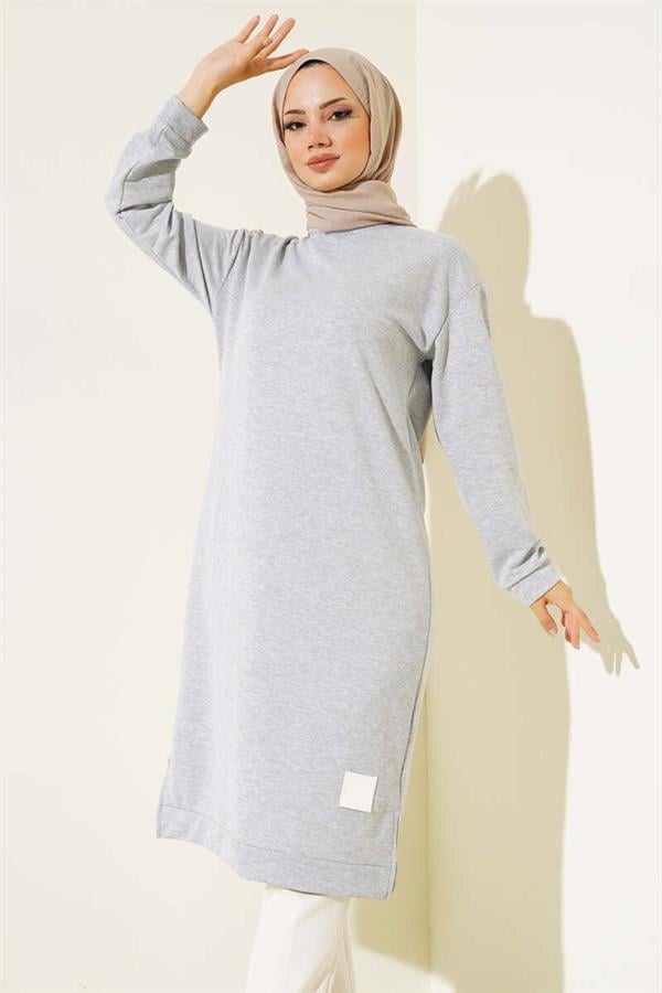 Long Tunic with Emblem Detail Melange Gray