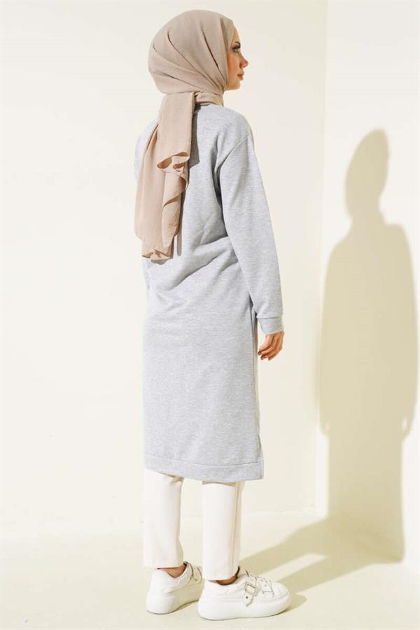 Long Tunic with Emblem Detail Melange Gray