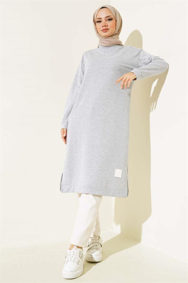 Long Tunic with Emblem Detail Melange Gray