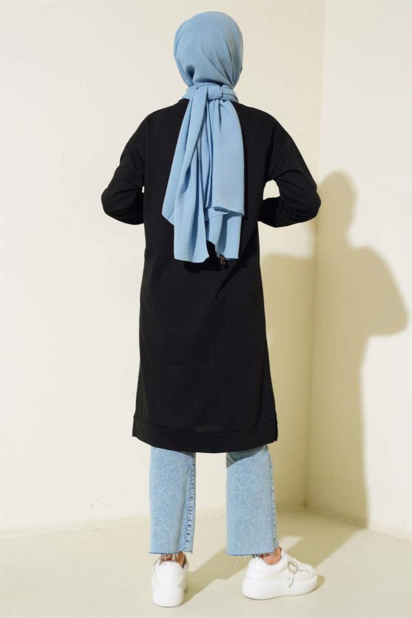 Black Long Tunic with Emblem Detail