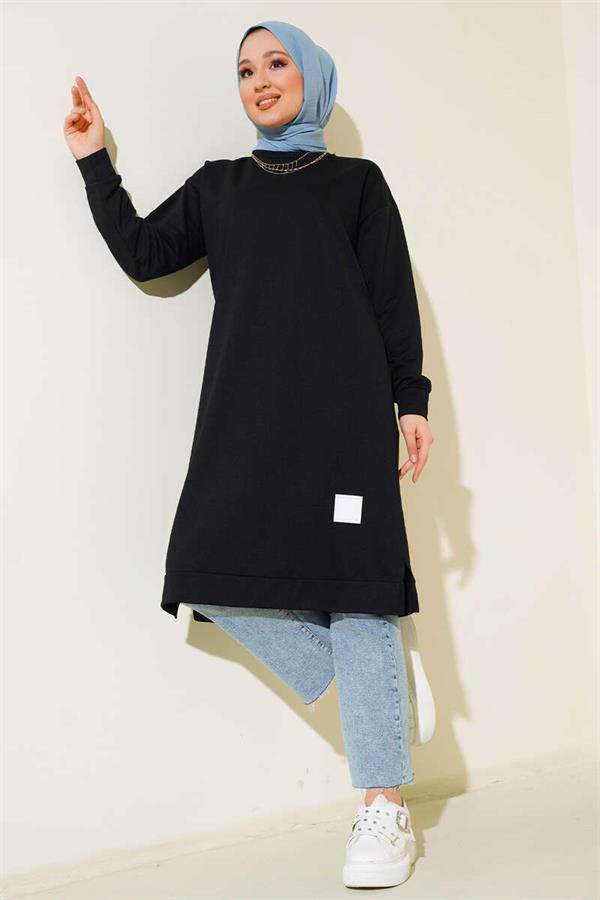 Black Long Tunic with Emblem Detail