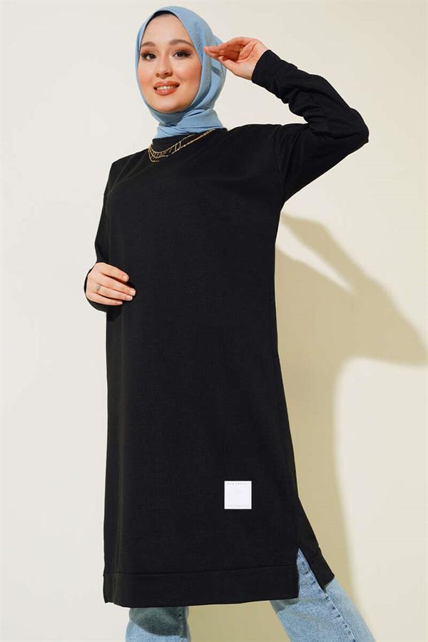Black Long Tunic with Emblem Detail