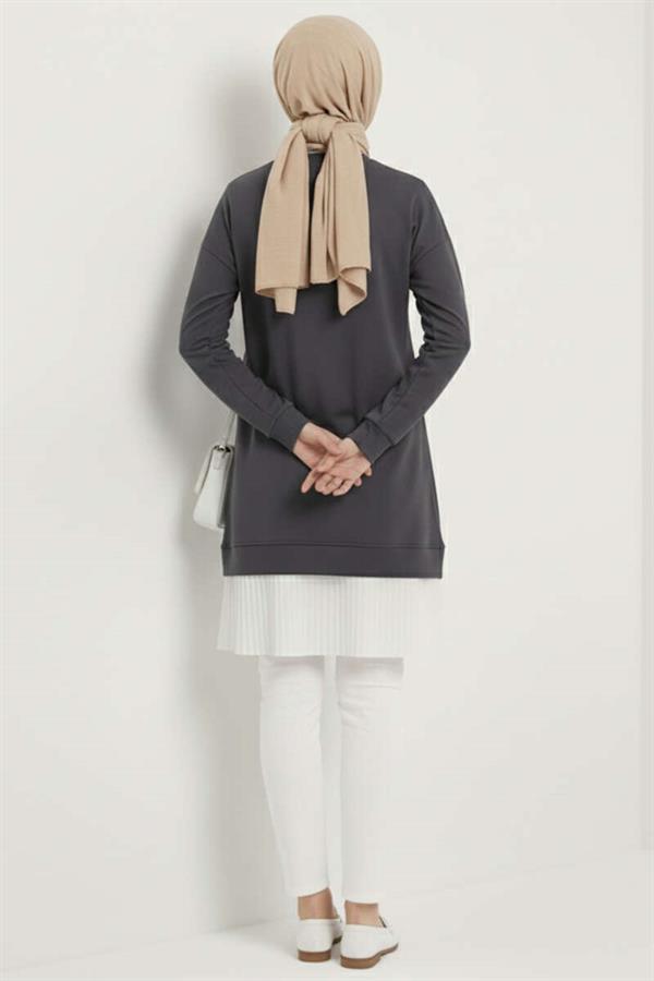 Pleated Tunic with Emblem and Lower Skirt, Smoke Color