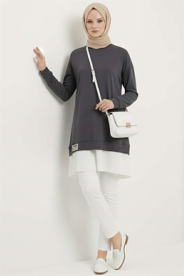 Pleated Tunic with Emblem and Lower Skirt, Smoke Color