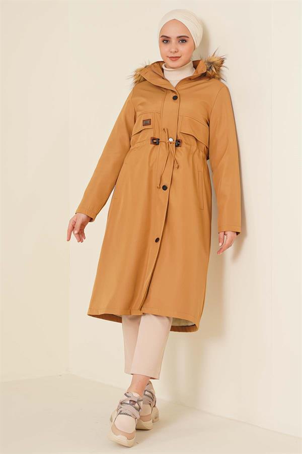 Embroidered Waist Drawstring Coat Camel