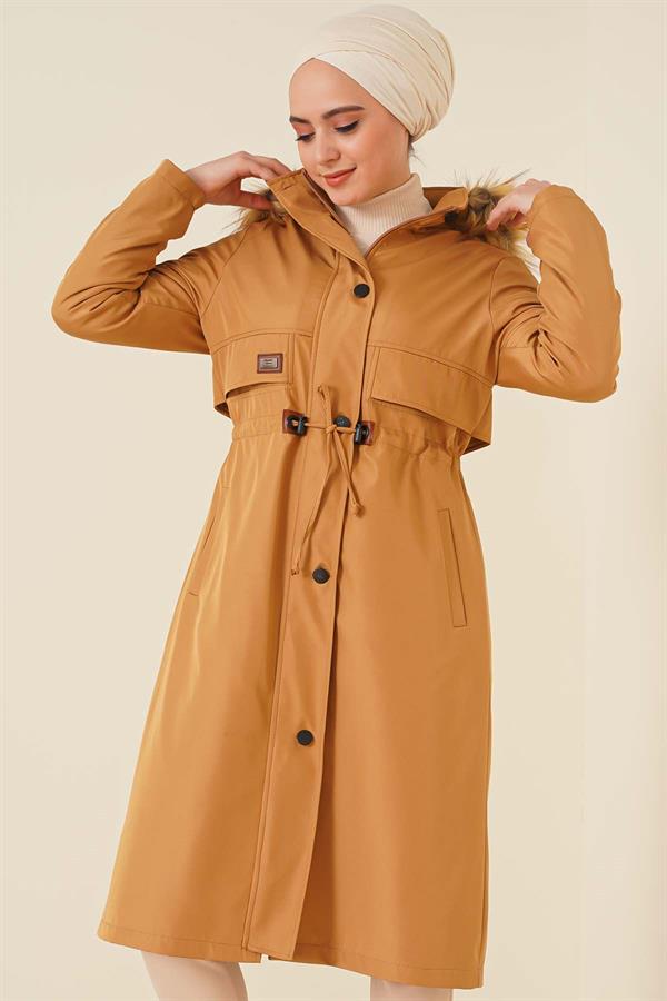 Embroidered Waist Drawstring Coat Camel