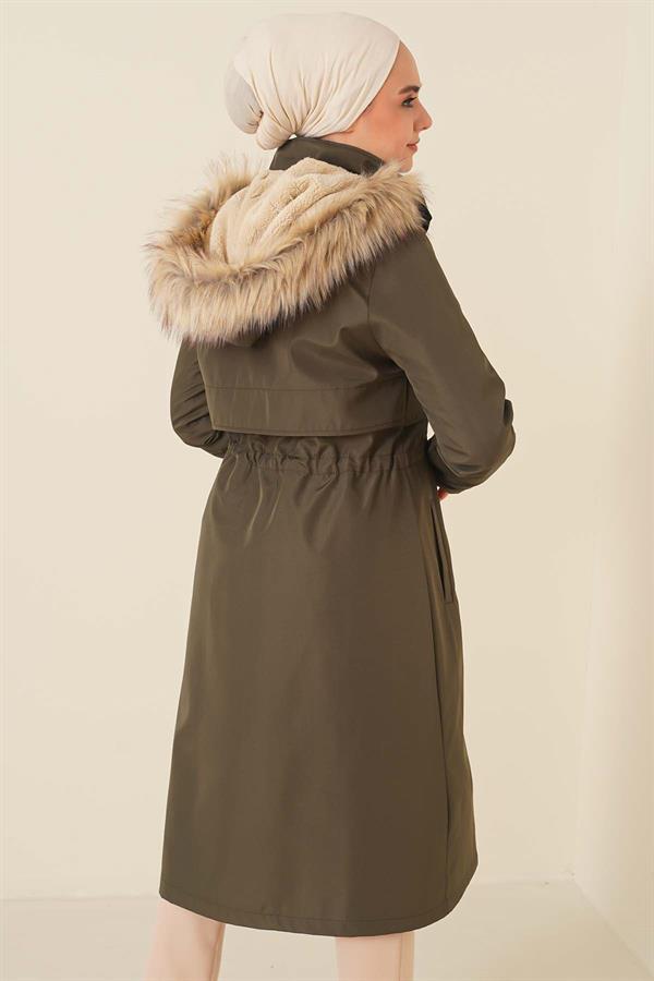 Embroidered Waist Drawstring Coat Khaki