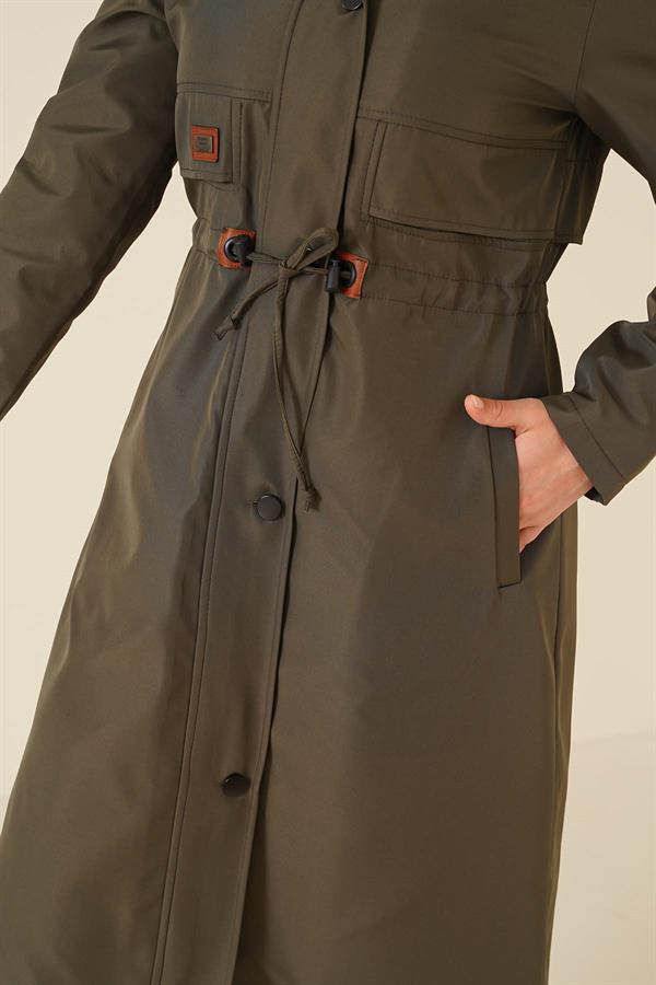 Embroidered Waist Drawstring Coat Khaki