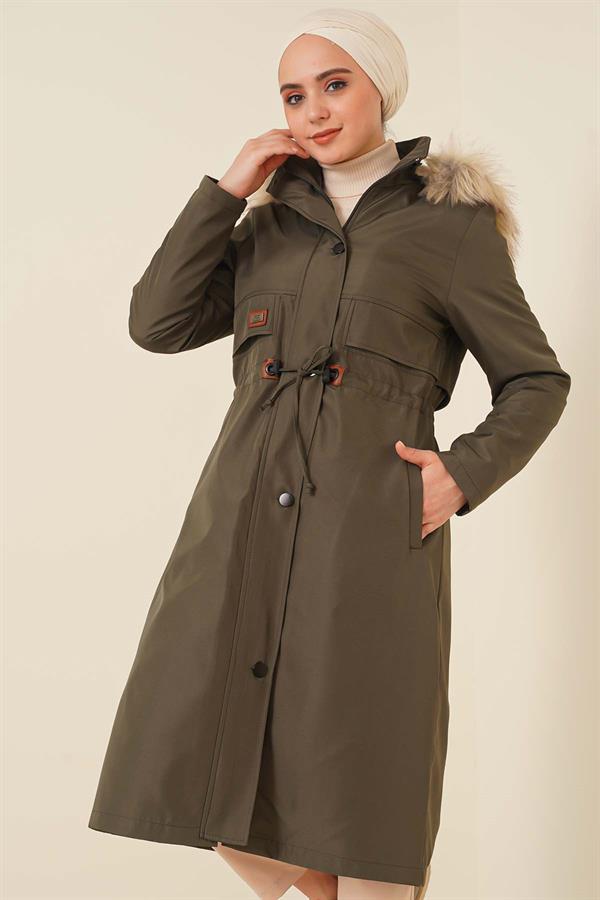 Embroidered Waist Drawstring Coat Khaki