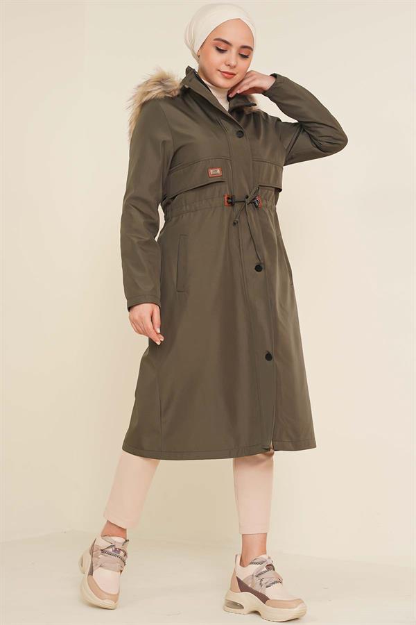 Embroidered Waist Drawstring Coat Khaki
