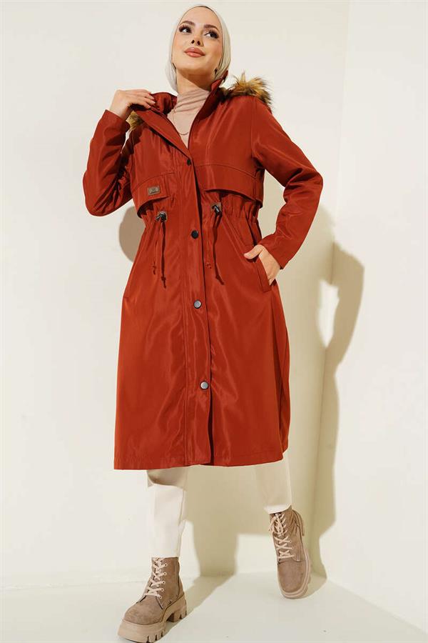 Coat with Emblem and Waist Drawstring, Brick