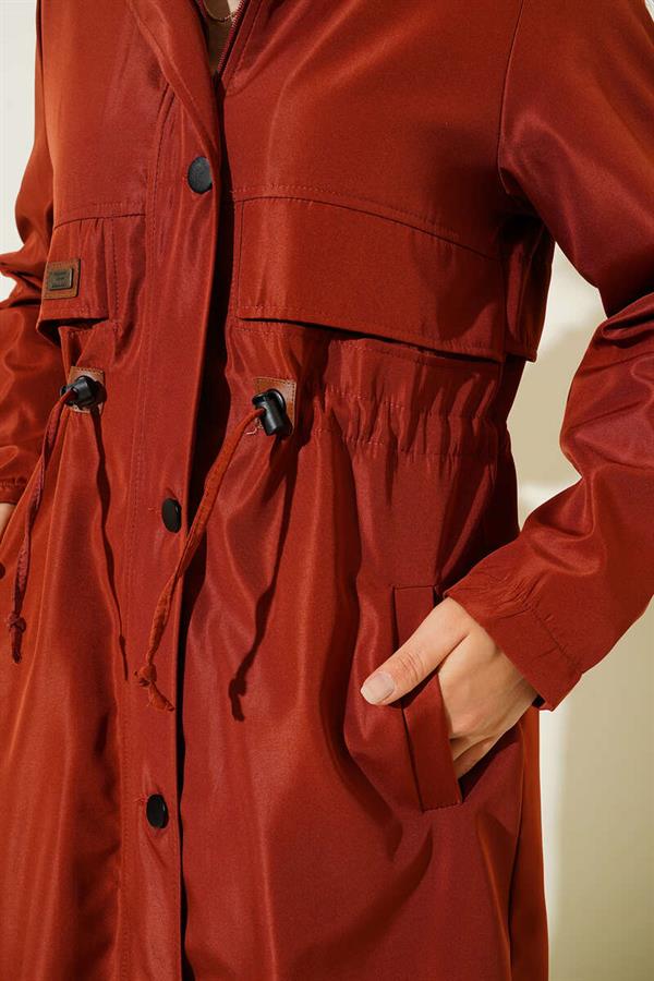 Coat with Emblem and Waist Drawstring, Brick
