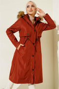 Coat with Emblem and Waist Drawstring, Brick