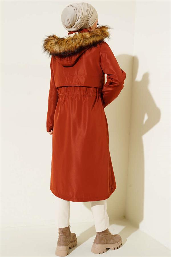 Coat with Emblem and Waist Drawstring, Brick