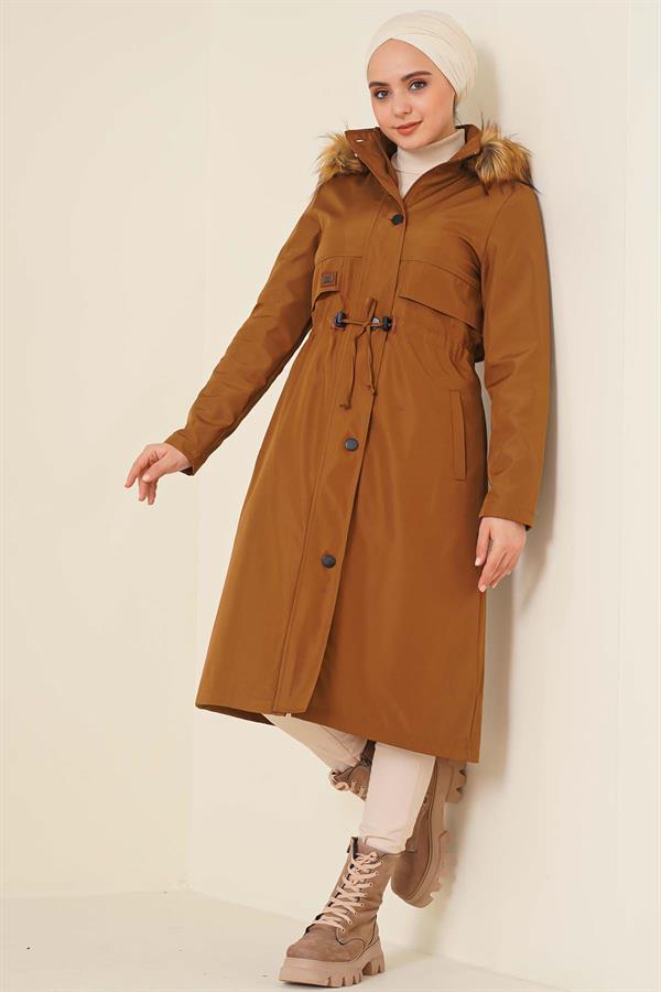 Embroidered Waist Drawstring Coat Tan