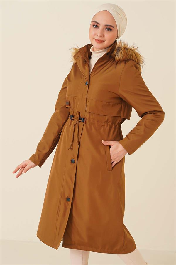 Embroidered Waist Drawstring Coat Tan