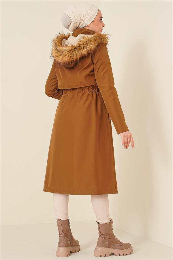 Embroidered Waist Drawstring Coat Tan