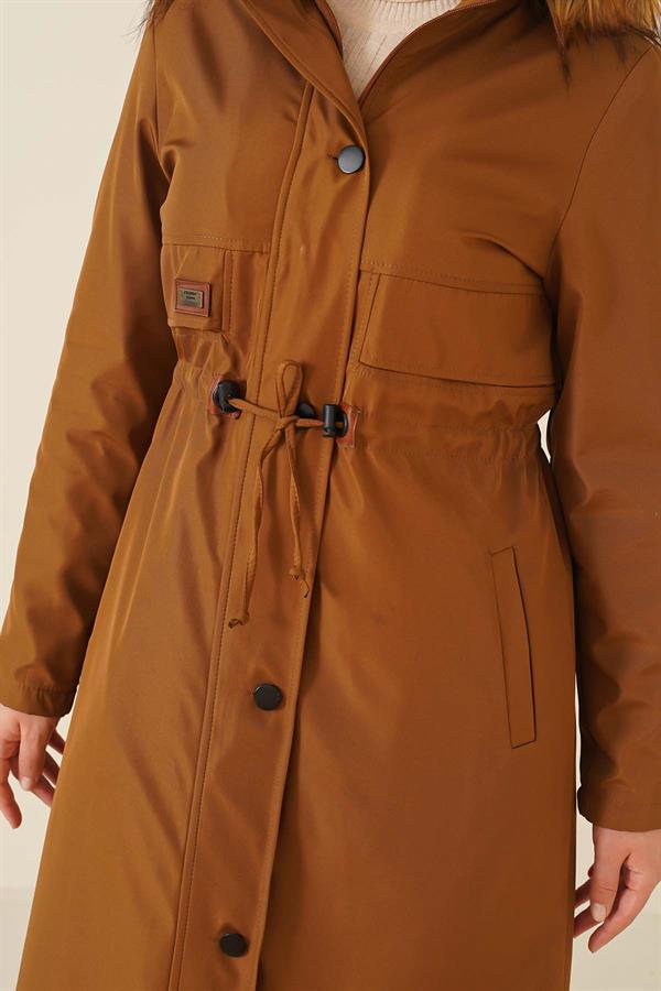 Embroidered Waist Drawstring Coat Tan