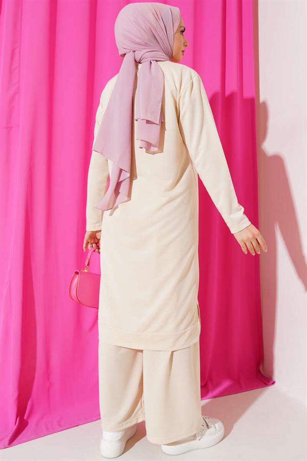 Embroidered Wide Leg 2 Piece Set Beige