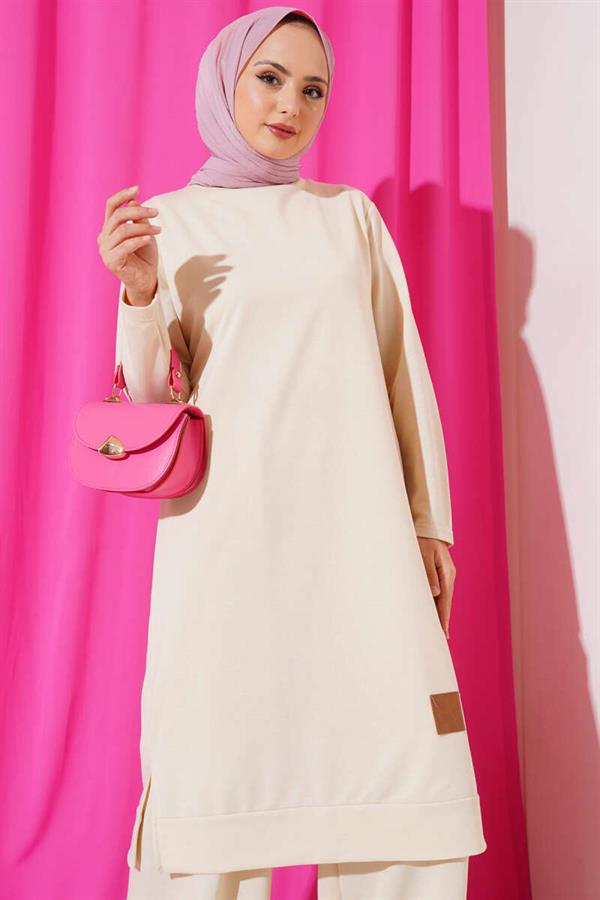Embroidered Wide Leg 2 Piece Set Beige