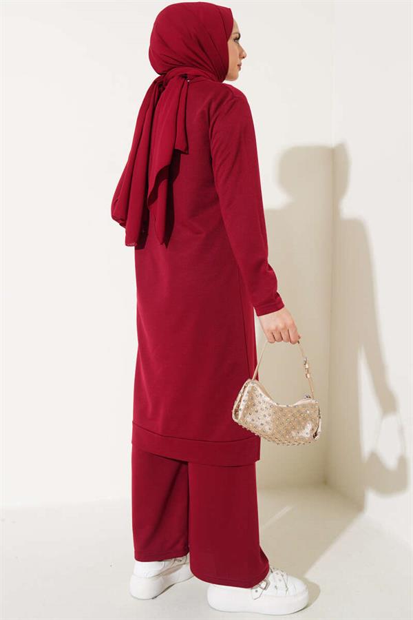 Embroidered Wide Leg 2 Piece Set Claret Red